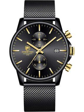 Men's Gold And Black Quartz Analog Mesh Strap Stainless Steel Chronograph Watch